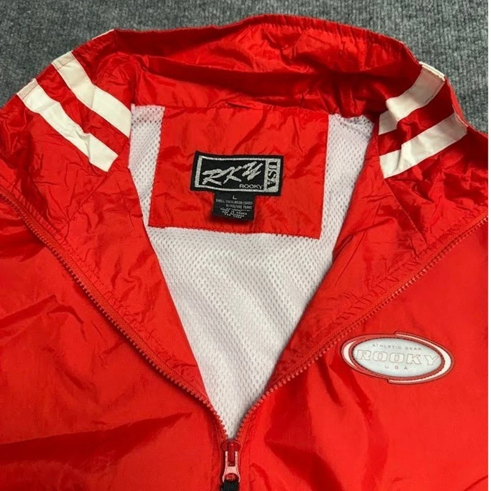 Vintage ROOKY USA Athletic‎ Red Track Jacket Full Zip White Stripe Accent Size L